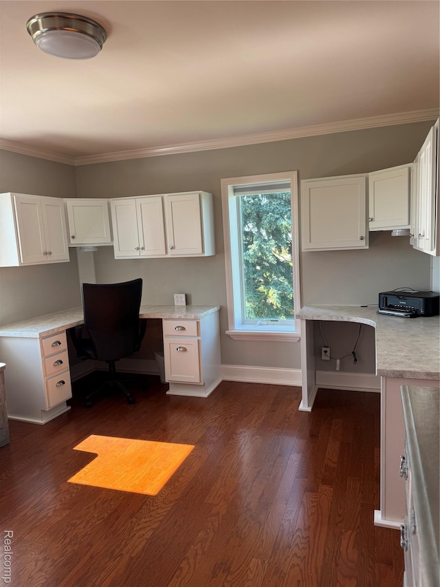 3981 Orchard Rd, Peck, MI 48466 - unfurnished office featuring built in desk, dark wood-style flooring, and crown molding