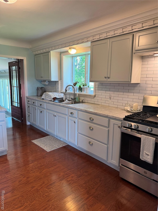 3981 Orchard Rd, Peck, MI 48466 - kitchen with stainless steel gas range, dark wood-type flooring, backsplash, and light stone countertops