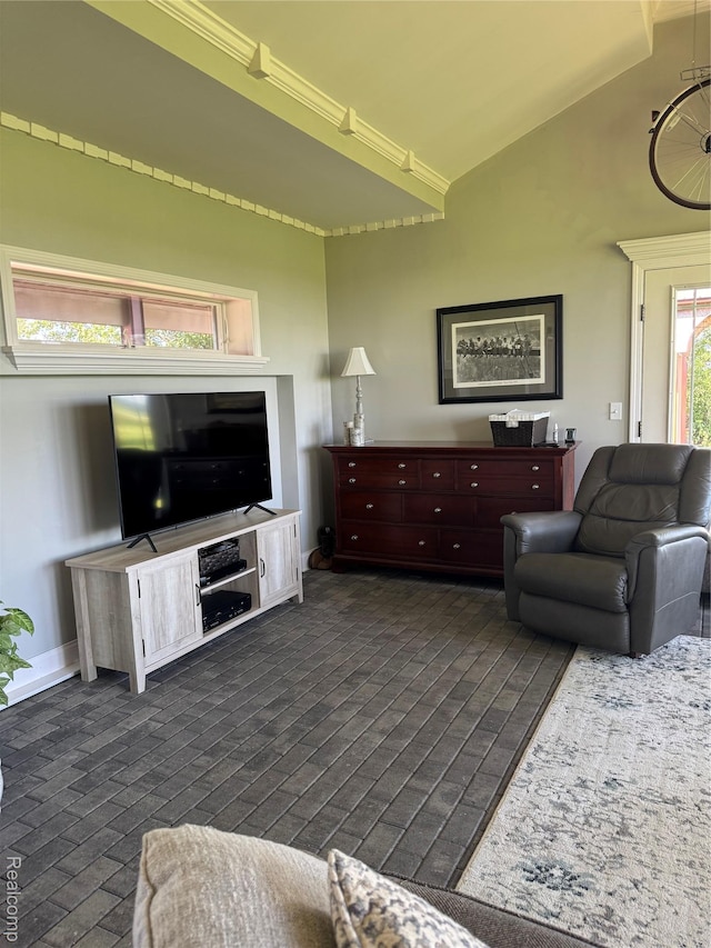 3981 Orchard Rd, Peck, MI 48466 - living area with lofted ceiling and brick patterned floors