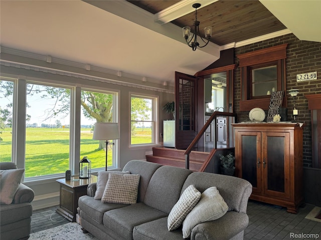 3981 Orchard Rd, Peck, MI 48466 - living area with wooden ceiling, a chandelier, brick wall, ornamental molding, and lofted ceiling