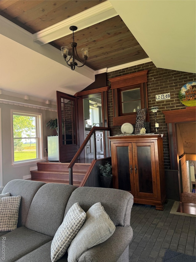 3981 Orchard Rd, Peck, MI 48466 - living room featuring brick wall, wood ceiling, vaulted ceiling, crown molding, and dark wood finished floors