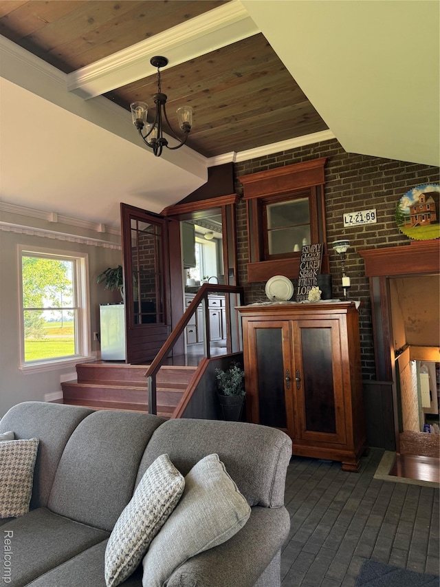 3981 Orchard Rd, Peck, MI 48466 - living area with wooden ceiling, lofted ceiling, brick wall, healthy amount of natural light, and a chandelier