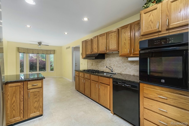 21433 Archwood Cir, Farmington Hills, MI 48336 - kitchen featuring black appliances, tasteful backsplash, brown cabinetry, dark stone counters, and recessed lighting
