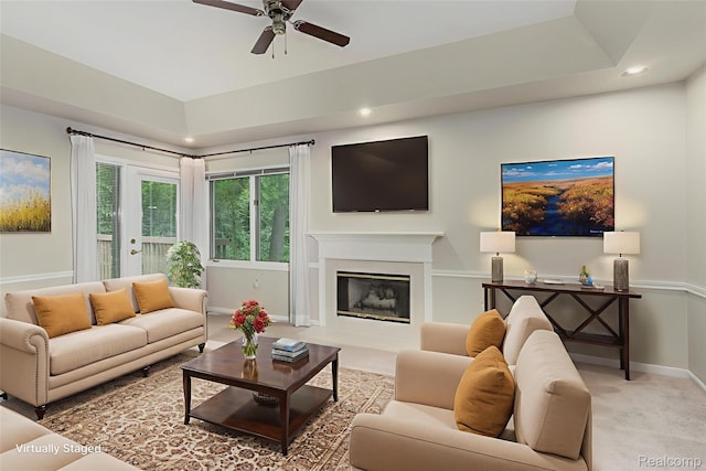 21433 Archwood Cir, Farmington Hills, MI 48336 - living area featuring ceiling fan, recessed lighting, a premium fireplace, and light carpet