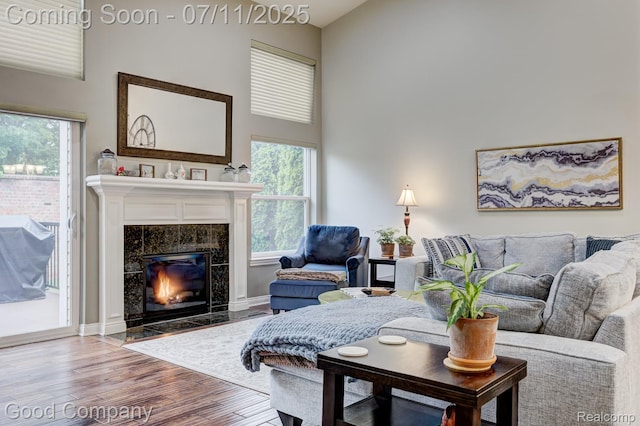 4361 Bennett Park Cir, Troy, MI 48085 - living room with wood finished floors, a towering ceiling, healthy amount of natural light, and a premium fireplace