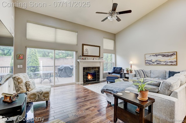 4361 Bennett Park Cir, Troy, MI 48085 - living room with high vaulted ceiling, ceiling fan, wood finished floors, and a high end fireplace