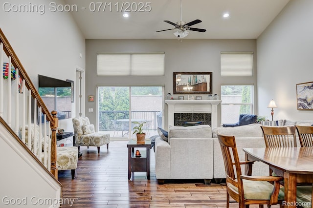 4361 Bennett Park Cir, Troy, MI 48085 - living area with a ceiling fan, plenty of natural light, wood finished floors, stairway, and recessed lighting