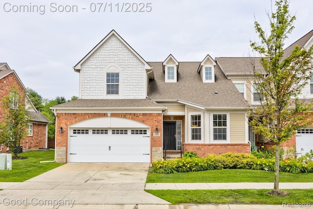 4361 Bennett Park Cir, Troy, MI 48085 - view of front of property with a front yard, driveway, roof with shingles, an attached garage, and brick siding