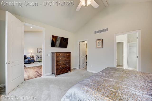 4361 Bennett Park Cir, Troy, MI 48085 - carpeted bedroom with high vaulted ceiling and a ceiling fan