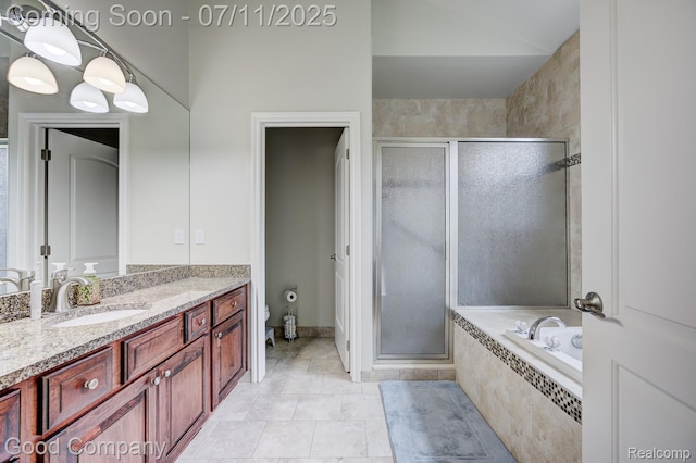 4361 Bennett Park Cir, Troy, MI 48085 - full bathroom featuring vanity, a stall shower, a bath, and tile patterned floors