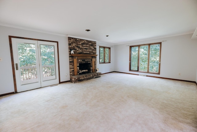 18400 N Fruitport Rd, Spring Lake, MI 49456 - unfurnished living room with crown molding, carpet, and a brick fireplace