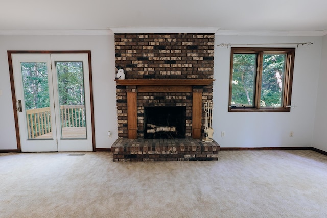 18400 N Fruitport Rd, Spring Lake, MI 49456 - unfurnished living room with carpet floors, healthy amount of natural light, ornamental molding, and a brick fireplace