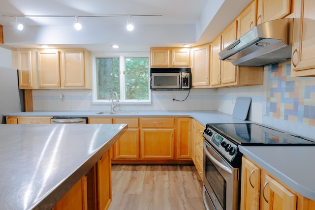 18400 N Fruitport Rd, Spring Lake, MI 49456 - kitchen with appliances with stainless steel finishes, under cabinet range hood, light wood-type flooring, stainless steel counters, and light brown cabinetry