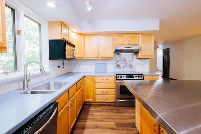 18400 N Fruitport Rd, Spring Lake, MI 49456 - kitchen with stainless steel range with electric stovetop, dishwasher, under cabinet range hood, light brown cabinetry, and wood finished floors