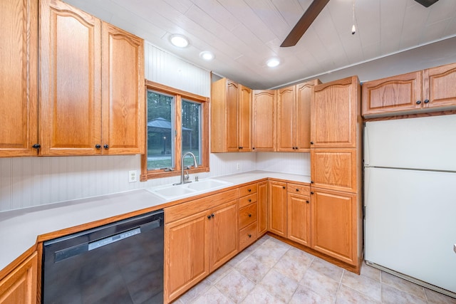 23974 Hooker Dr, Sand Lake, MI 49343 - kitchen with dishwasher, freestanding refrigerator, light countertops, a ceiling fan, and recessed lighting