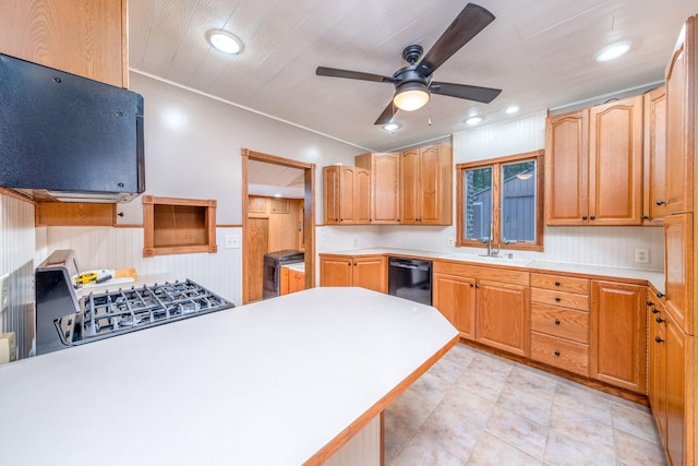 23974 Hooker Dr, Sand Lake, MI 49343 - kitchen featuring black dishwasher, a ceiling fan, gas range, light countertops, and recessed lighting