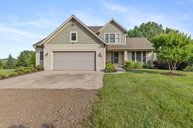 9752 Jackson Rd, Clarksville, MI 48815 - traditional home with concrete driveway, board and batten siding, a front yard, and a garage
