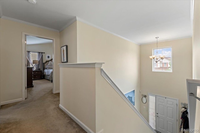 14236 Marshall Dr, Redford, MI 48239 - corridor featuring an upstairs landing, a chandelier, carpet floors, and ornamental molding