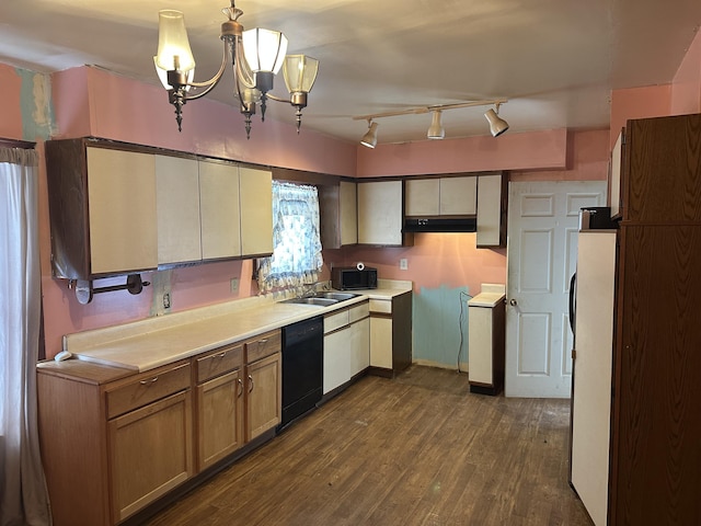 8942 28th Ave, Bitely, MI 49309 - kitchen featuring black dishwasher, a chandelier, dark wood-style floors, light countertops, and freestanding refrigerator