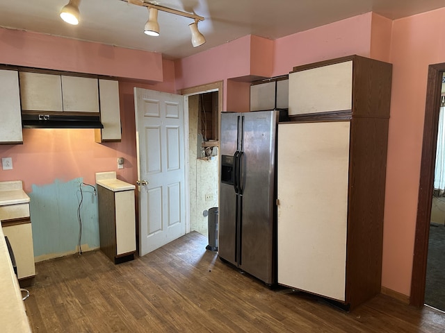 8942 28th Ave, Bitely, MI 49309 - kitchen featuring stainless steel refrigerator with ice dispenser, under cabinet range hood, dark wood finished floors, and light countertops