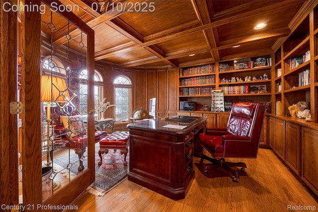 1180 Knob Creek Dr, Rochester, MI 48306 - office space featuring a wood ceiling with exposed beams, light wood finished floors, coffered ceiling, built in features, and recessed lighting