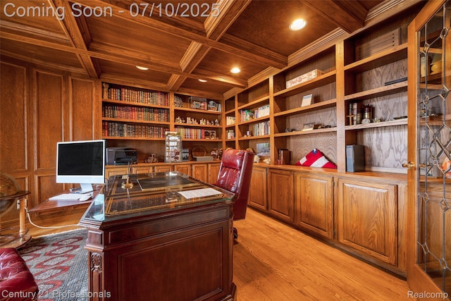 1180 Knob Creek Dr, Rochester, MI 48306 - office space with built in features, a wood ceiling with exposed beams, built in study area, light wood-style flooring, and coffered ceiling
