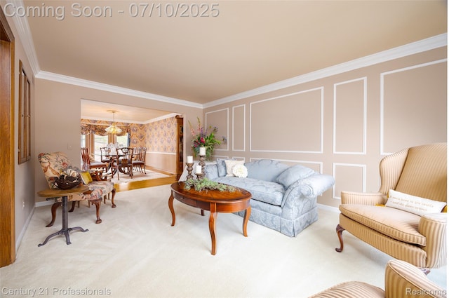 1180 Knob Creek Dr, Rochester, MI 48306 - living room with crown molding, a decorative wall, carpet, and a chandelier