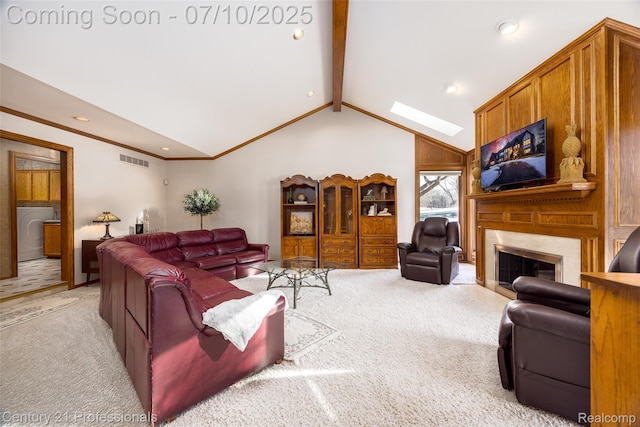 1180 Knob Creek Dr, Rochester, MI 48306 - living area with light colored carpet, a fireplace, a skylight, washer / dryer, and recessed lighting