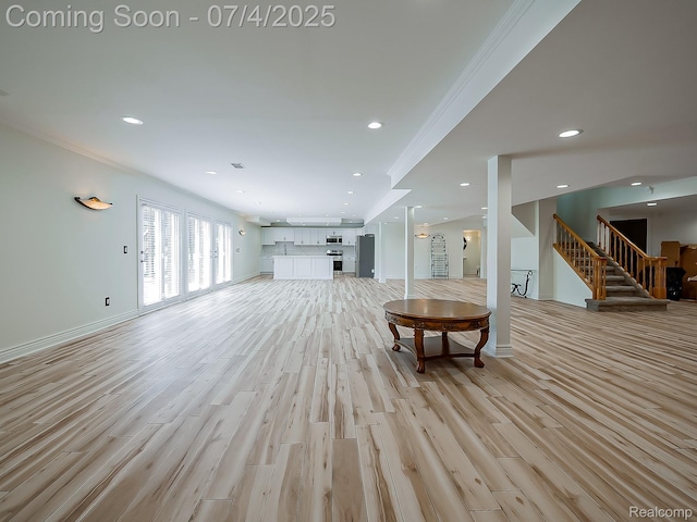 926 Majestic, Rochester Hills, MI 48306 - living area featuring stairs, light wood finished floors, crown molding, and recessed lighting