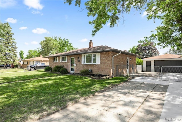 22266 E Schafer St, Clinton Township, MI 48035 - view of front of home featuring brick siding, a gate, a chimney, a detached garage, and an outbuilding