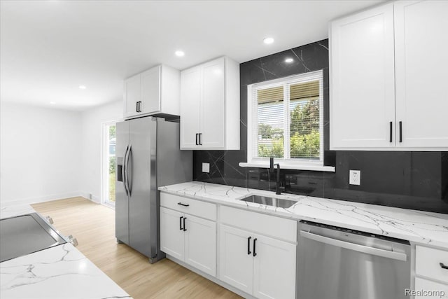 22266 E Schafer St, Clinton Township, MI 48035 - kitchen featuring appliances with stainless steel finishes, tasteful backsplash, white cabinetry, recessed lighting, and light wood-style flooring