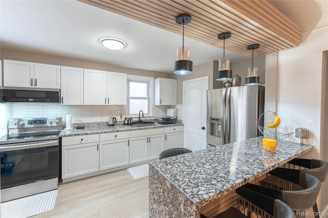 2544 S Beatrice St, Detroit, MI 48217 - kitchen featuring stainless steel appliances, white cabinetry, a peninsula, backsplash, and light stone countertops