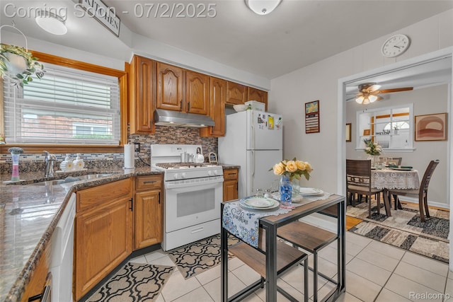 4910 Julius Blvd, Westland, MI 48186 - kitchen with white appliances, under cabinet range hood, light tile patterned floors, tasteful backsplash, and ceiling fan