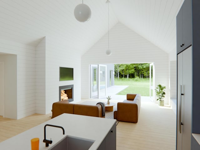 15660 Locke Rd, Union Pier, MI 49129 - living room with lofted ceiling and a fireplace