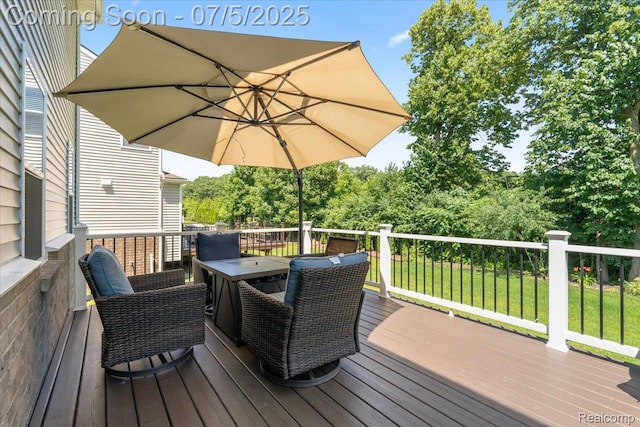 21422 Navarra Dr, South Lyon, MI 48178 - wooden deck featuring outdoor dining area and a yard