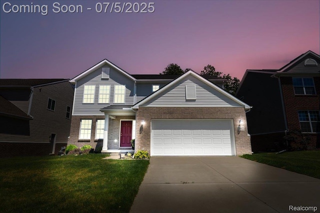 21422 Navarra Dr, South Lyon, MI 48178 - traditional-style house featuring concrete driveway, a garage, a front lawn, and brick siding