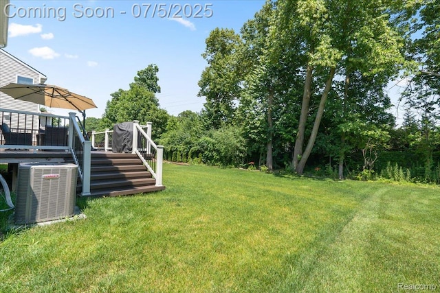 21422 Navarra Dr, South Lyon, MI 48178 - view of grassy yard with stairway and a wooden deck