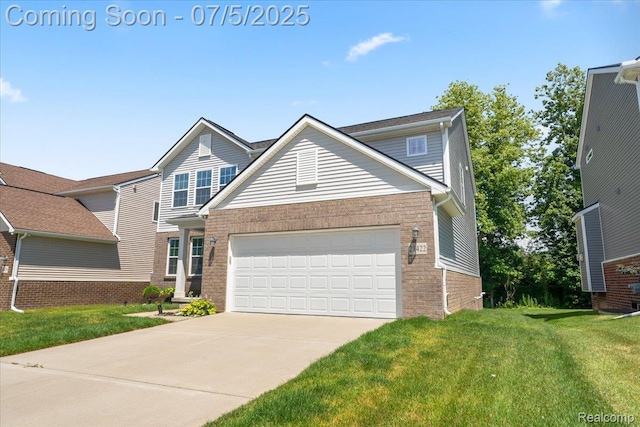 21422 Navarra Dr, South Lyon, MI 48178 - traditional-style home with brick siding, an attached garage, a front yard, and driveway