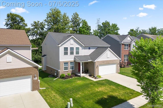 21422 Navarra Dr, South Lyon, MI 48178 - traditional-style house featuring brick siding, concrete driveway, a front yard, and an attached garage