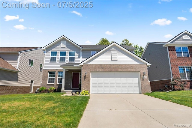 21422 Navarra Dr, South Lyon, MI 48178 - traditional-style home featuring brick siding, driveway, an attached garage, and a front lawn