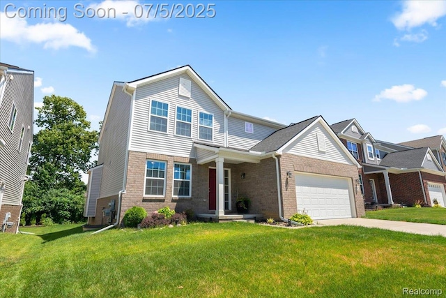 21422 Navarra Dr, South Lyon, MI 48178 - view of front facade with brick siding, a garage, a front yard, and driveway