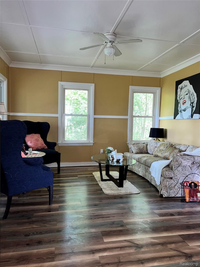 8956 Dixie Hwy, Ira, MI 48023 - living area featuring a ceiling fan, ornamental molding, and wood finished floors