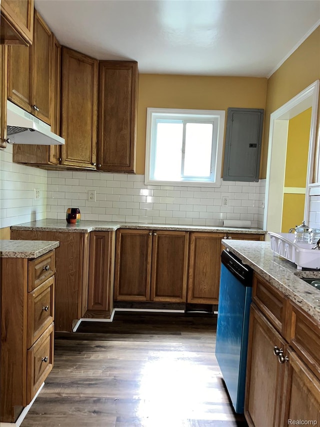 8956 Dixie Hwy, Ira, MI 48023 - kitchen with electric panel, under cabinet range hood, dishwasher, backsplash, and dark wood-style flooring