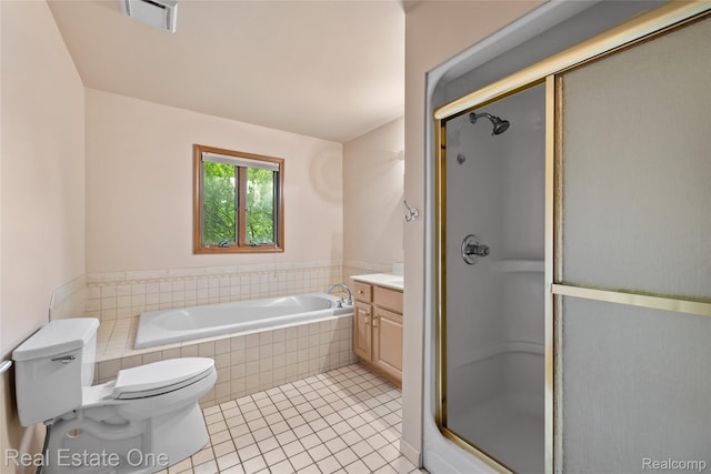 51992 Boland Rd, Chesterfield, MI 48047 - bathroom with vanity, an enclosed shower, tile patterned flooring, and a relaxing tiled tub