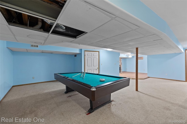51992 Boland Rd, Chesterfield, MI 48047 - recreation room featuring carpet floors, billiards, and a drop ceiling