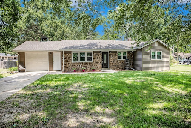 3341 Circle Dr, Saint Joseph, MI 49085 - ranch-style house featuring a garage, a front lawn, driveway, a chimney, and a shingled roof