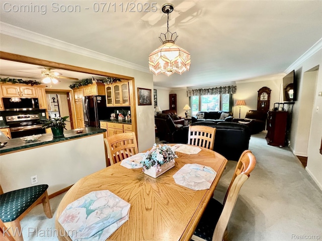 3775 Carrigan Rd, Fort Gratiot, MI 48059 - dining space featuring crown molding, light colored carpet, and a ceiling fan