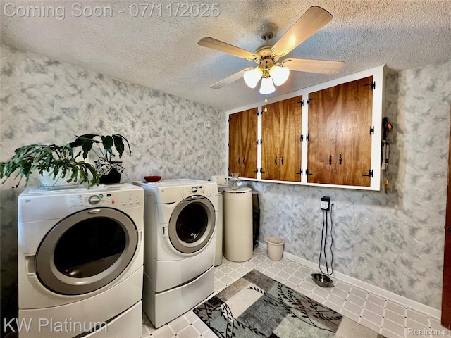 3775 Carrigan Rd, Fort Gratiot, MI 48059 - laundry room featuring cabinet space, washing machine and clothes dryer, wallpapered walls, ceiling fan, and a textured ceiling
