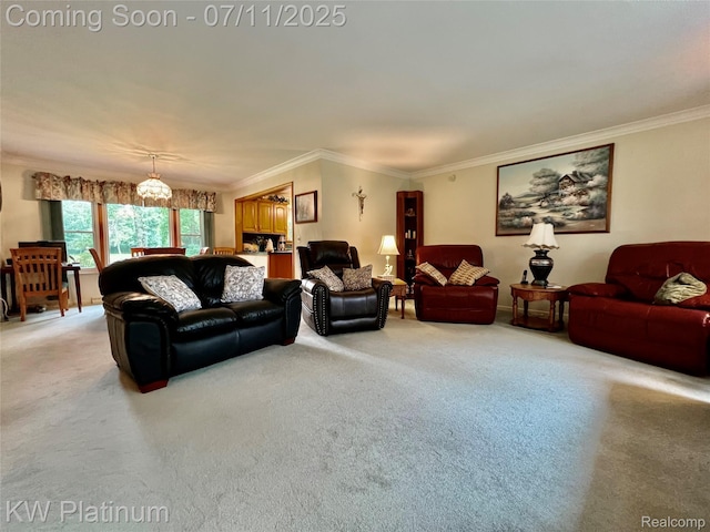 3775 Carrigan Rd, Fort Gratiot, MI 48059 - living area with light colored carpet, ornamental molding, and a chandelier