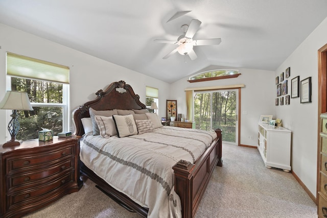 8395 Dalton Rd, Onsted, MI 49265 - bedroom featuring access to exterior, lofted ceiling, light colored carpet, and ceiling fan